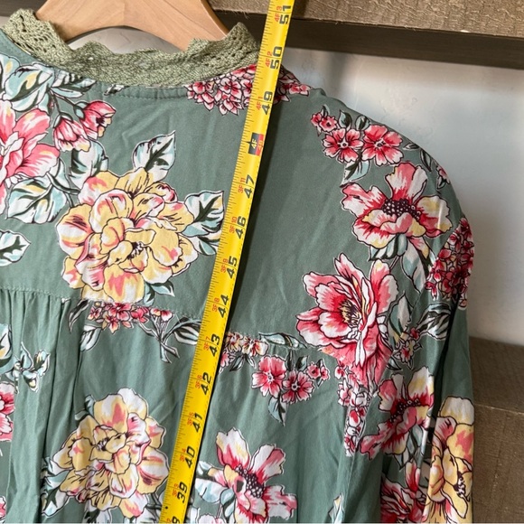 Angie|Boho Floral Green Kimono Duster,open front longline,lace crotchet trim•Med - Picture 11 of 12